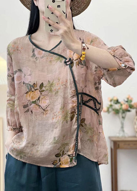 Vintage Khaki V Neck Print Button Patchwork Linen Shirts Summer TP1050
