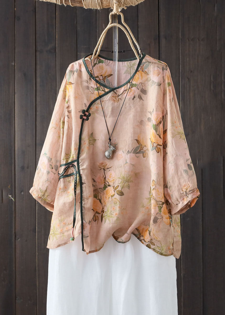 Vintage Khaki V Neck Print Button Patchwork Linen Shirts Summer TP1050