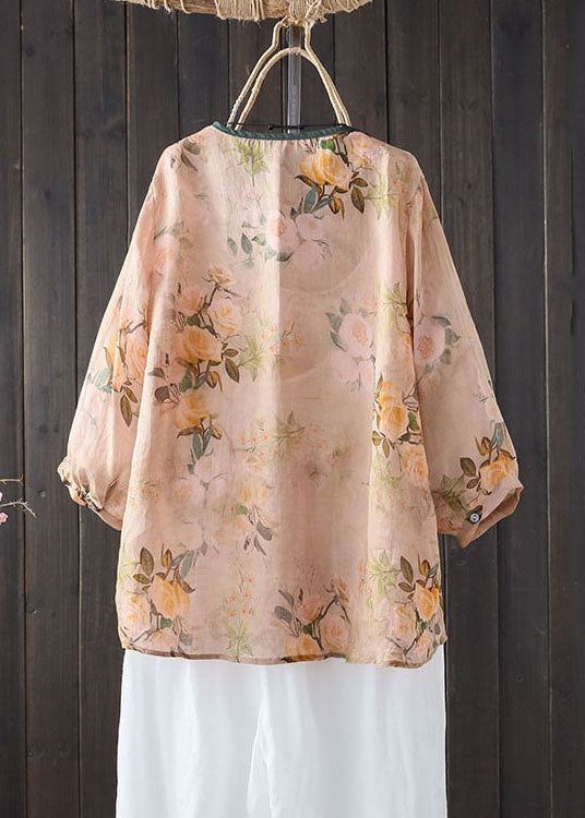 Vintage Khaki V Neck Print Button Patchwork Linen Shirts Summer TP1050