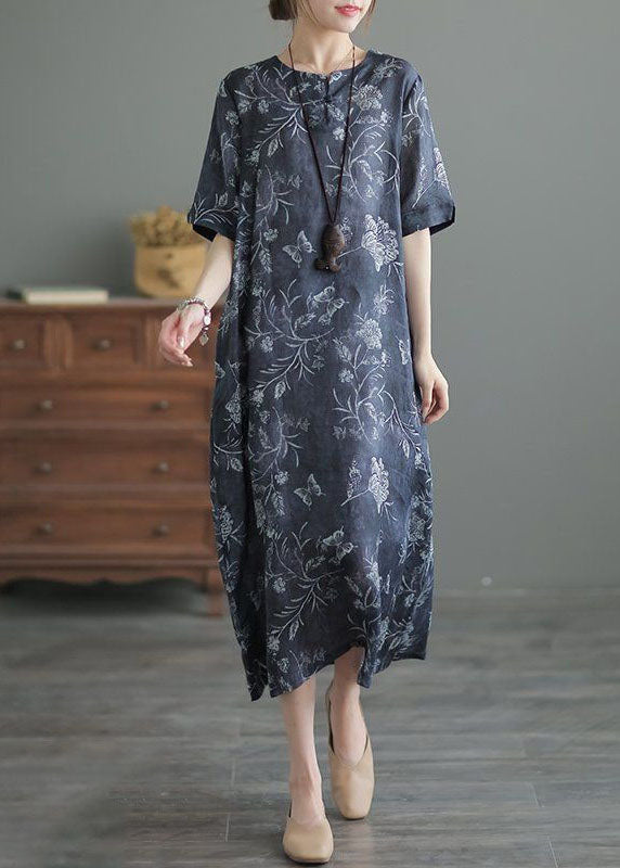 Vintage Navy O Neck Print Pockets Patchwork Linen Long Dresses Summer TP1002