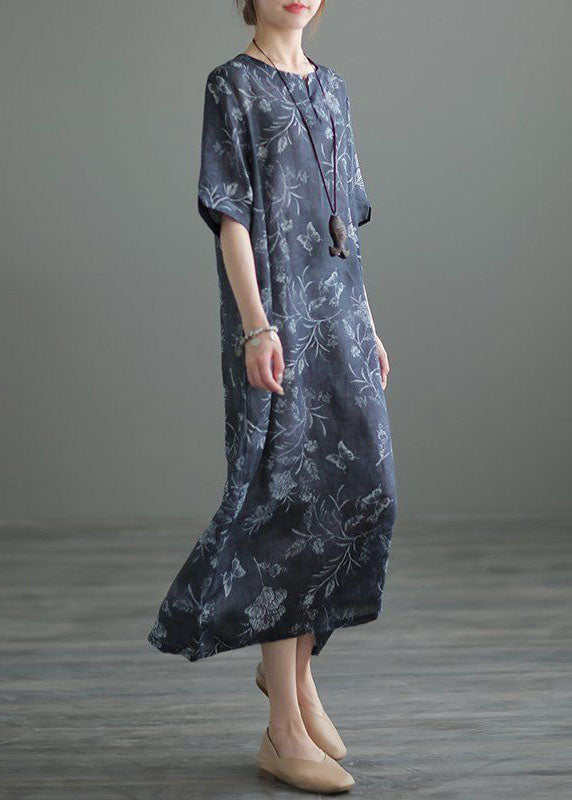 Vintage Navy O Neck Print Pockets Patchwork Linen Long Dresses Summer TP1002