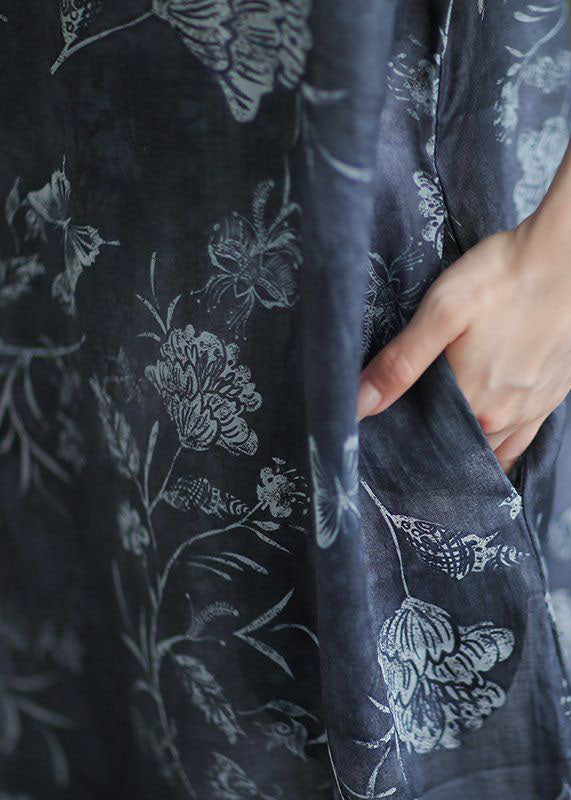 Vintage Navy O Neck Print Pockets Patchwork Linen Long Dresses Summer TP1002