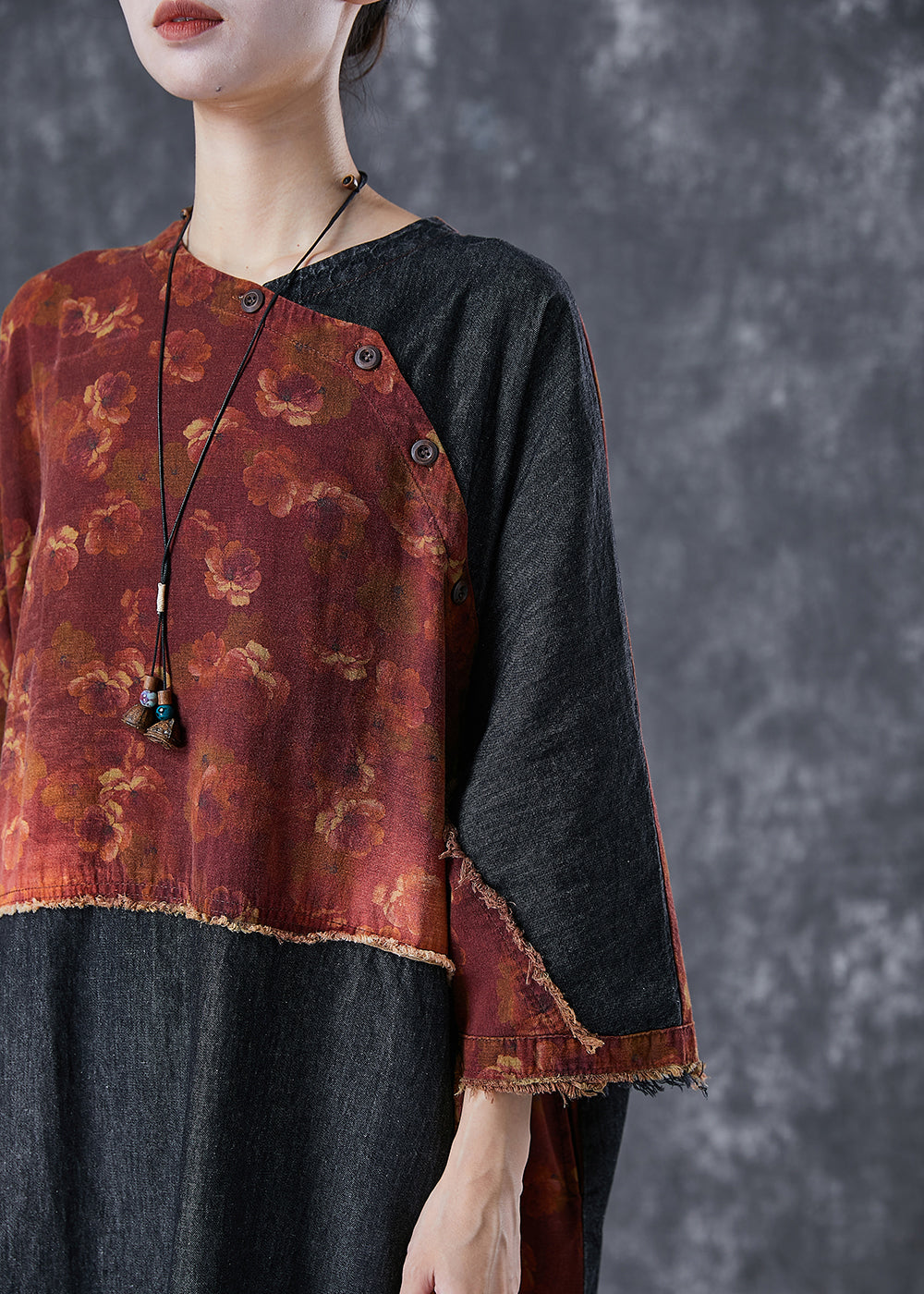 Vintage Orange Asymmetrical Denim Patchwork Linen Dress Summer TD1032