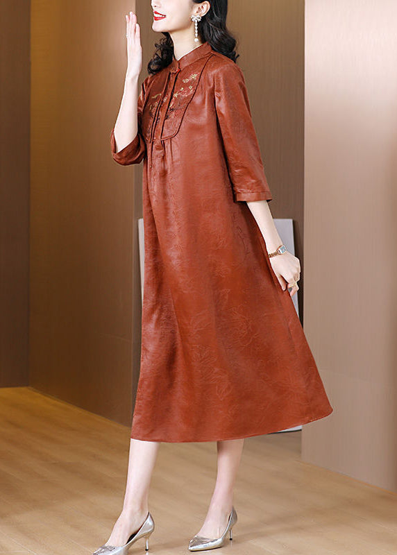 Vintage Orange Mandarin Collar Cinched Silk Dresses Half Sleeve LY0700