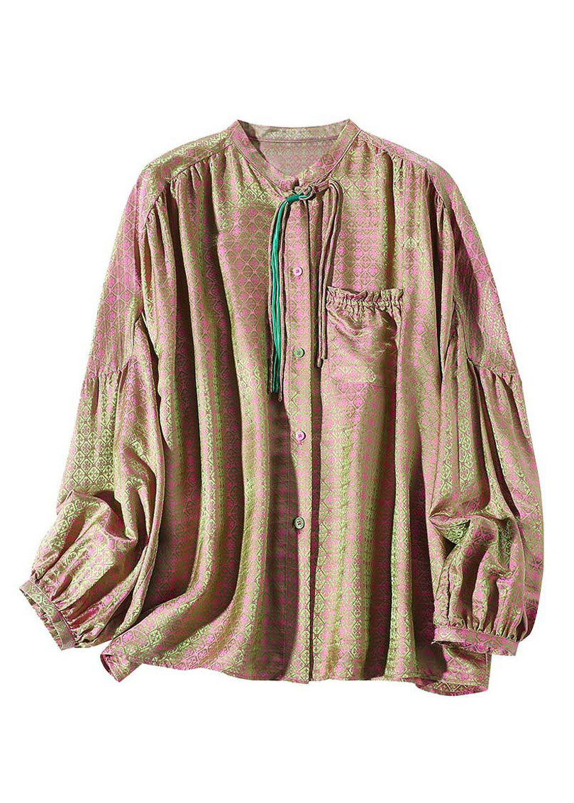 Vintage Pink Green Stand Collar Print Button Slik Shirts Lantern Sleeve LY0104