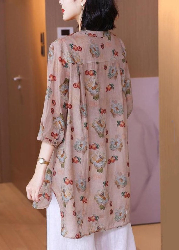 Vintage Pink Print Pockets Patchwork Linen Blouse Top Summer TP1017