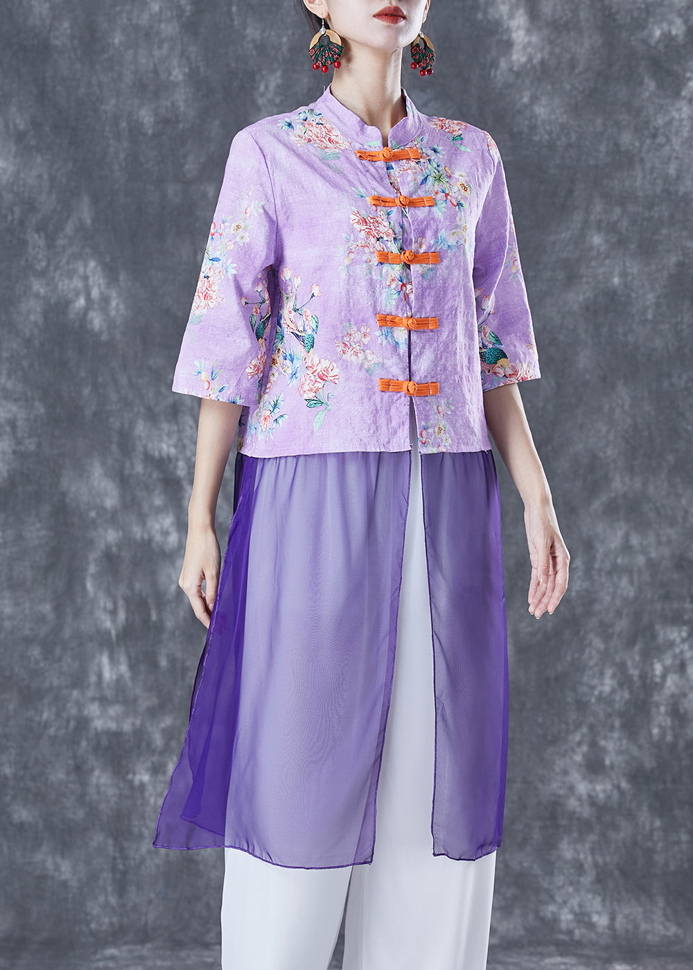 Vintage Purple Print Patchwork Chinese Button Linen Top Half Sleeve TA1059