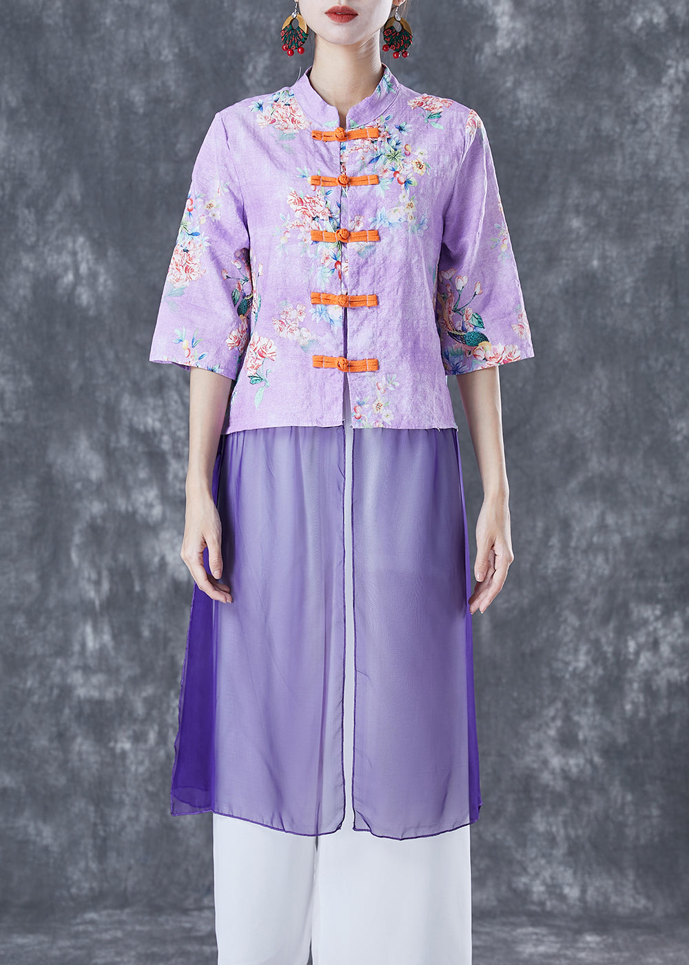 Vintage Purple Print Patchwork Chinese Button Linen Top Half Sleeve TA1059