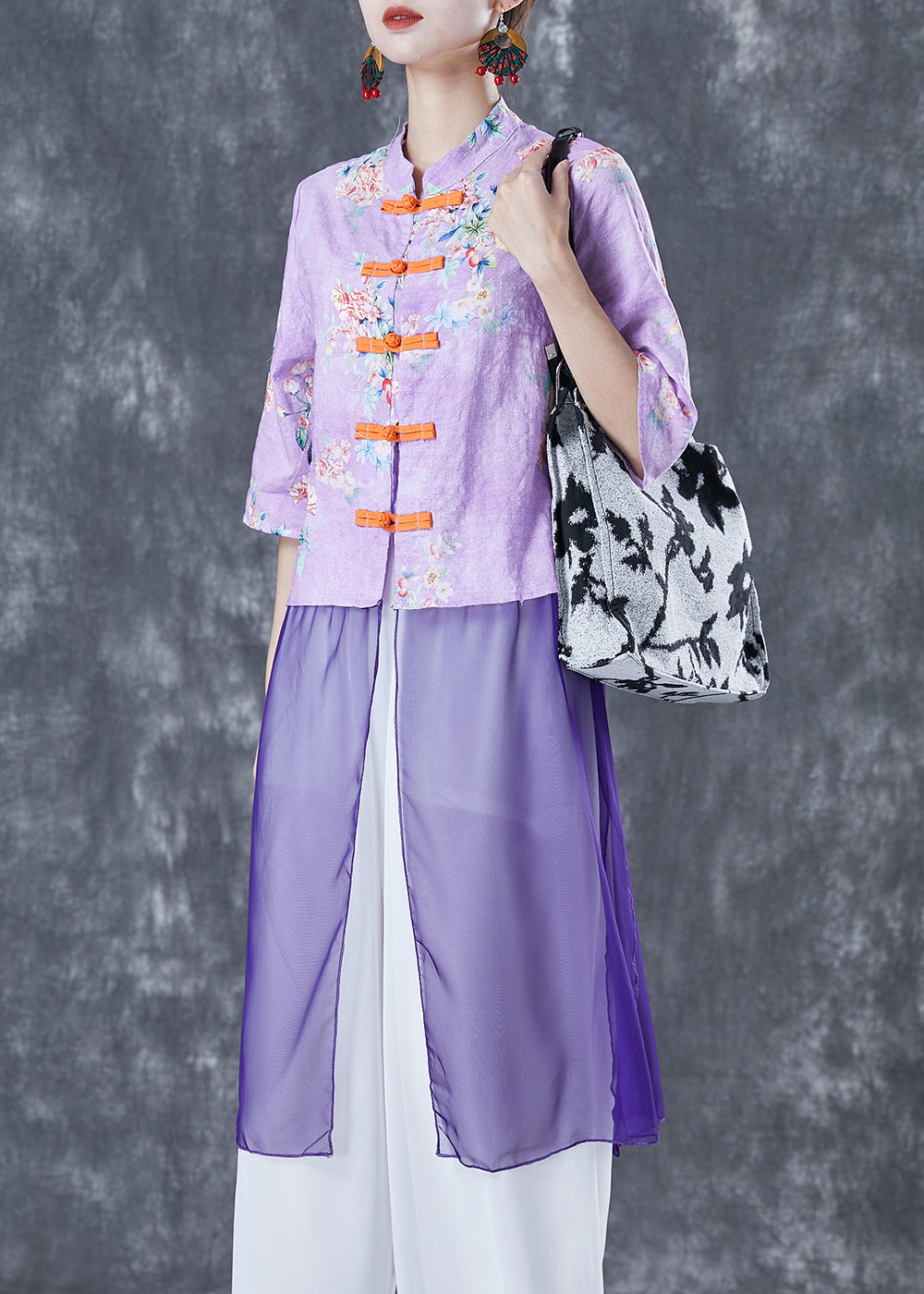 Vintage Purple Print Patchwork Chinese Button Linen Top Half Sleeve TA1059