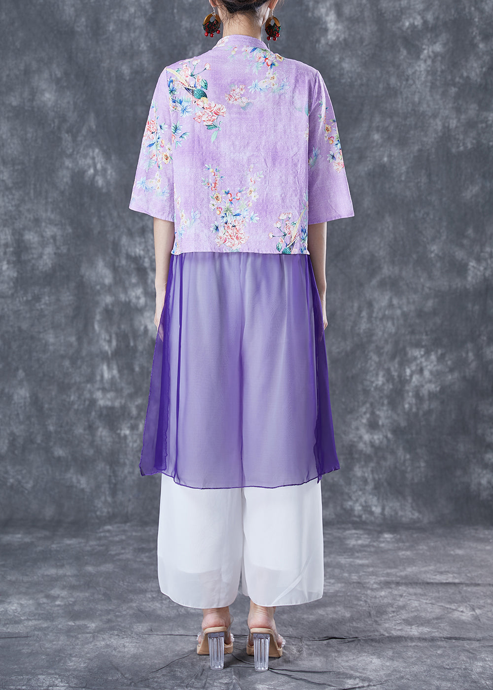 Vintage Purple Print Patchwork Chinese Button Linen Top Half Sleeve TA1059