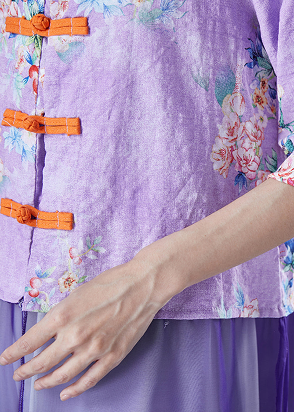 Vintage Purple Print Patchwork Chinese Button Linen Top Half Sleeve TA1059