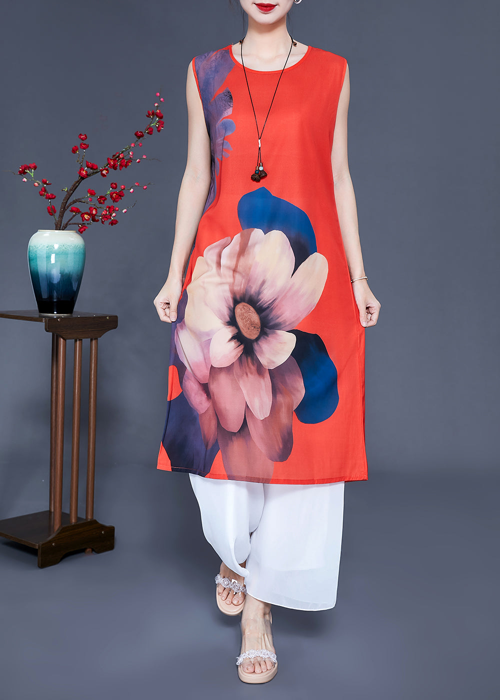 Vintage Red Chinese Button Floral Print Silk Two Pieces Set Summer LY0936