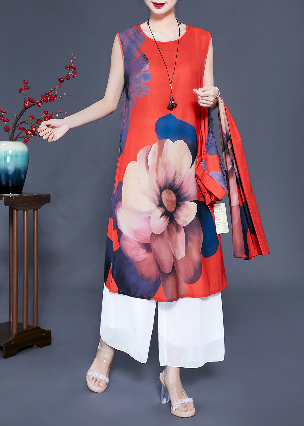 Vintage Red Chinese Button Floral Print Silk Two Pieces Set Summer LY0936