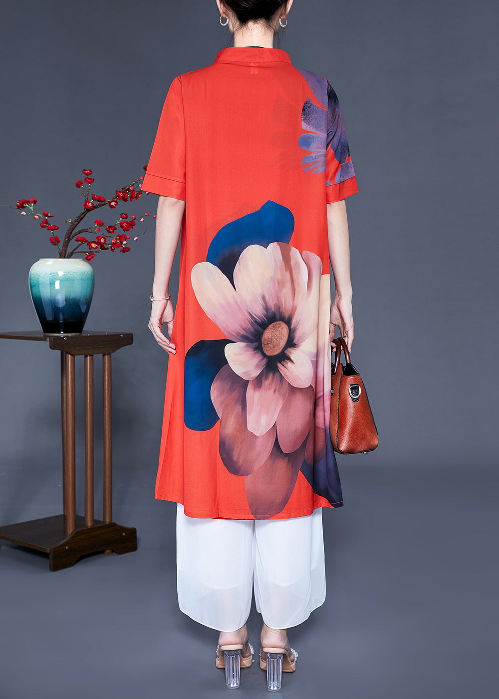 Vintage Red Chinese Button Floral Print Silk Two Pieces Set Summer LY0936