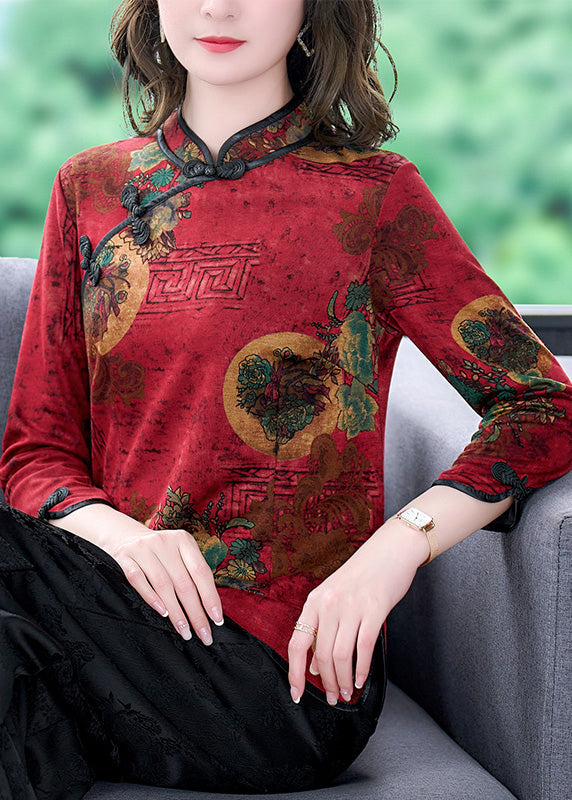 Vintage Red Mandarin Collar Chinese Button Print Silk Shirt Top Bracelet Sleeve LY0417