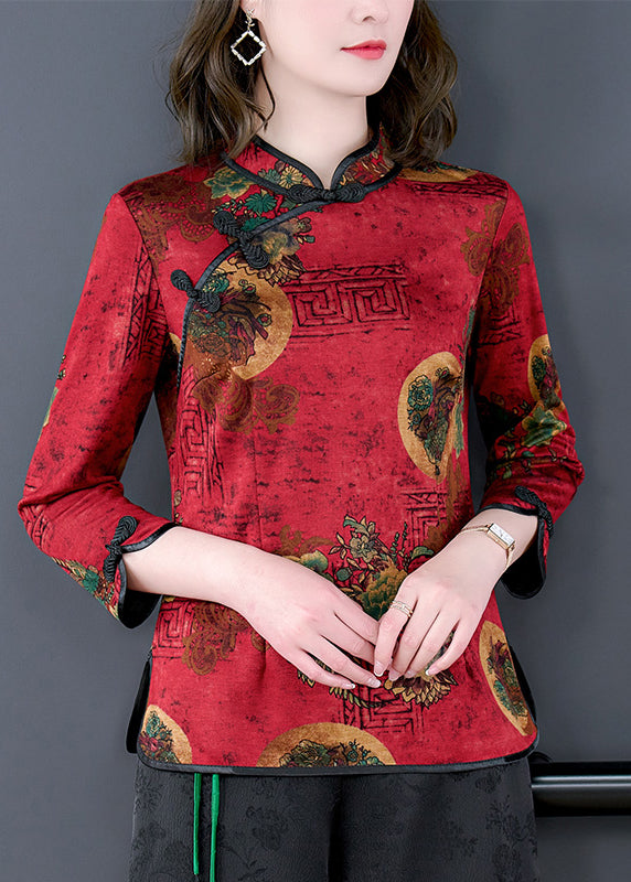 Vintage Red Mandarin Collar Chinese Button Print Silk Shirt Top Bracelet Sleeve LY0417