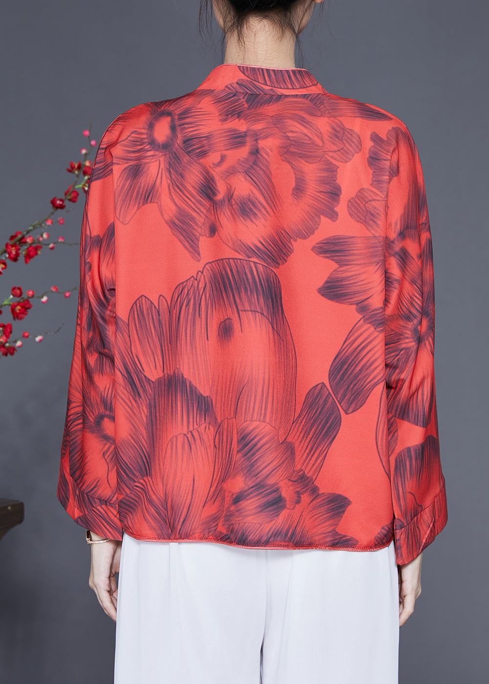 Vintage Red Mandarin Collar Print Chinese Button Silk Jacket Spring LY1827