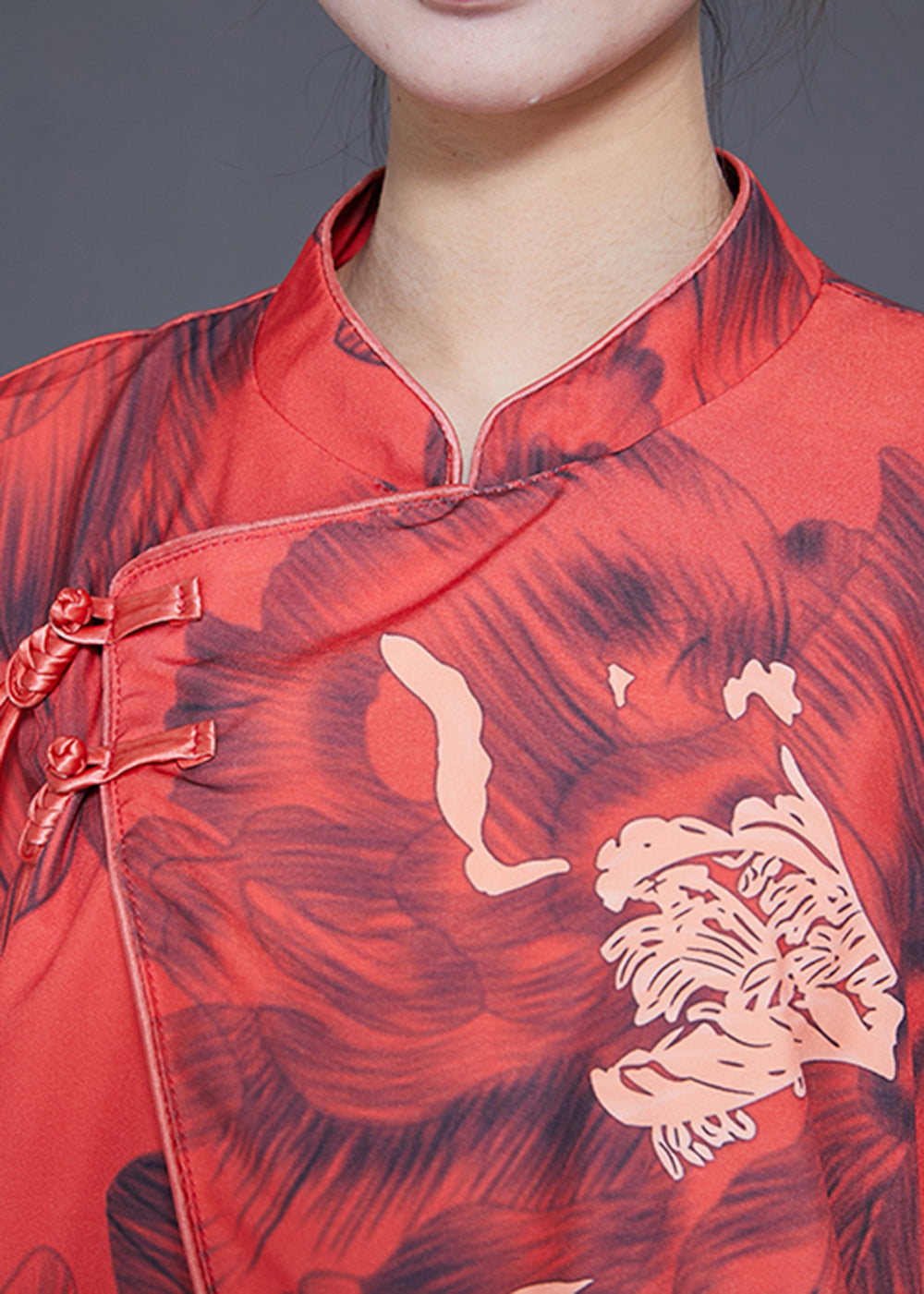 Vintage Red Mandarin Collar Print Chinese Button Silk Jacket Spring LY1827