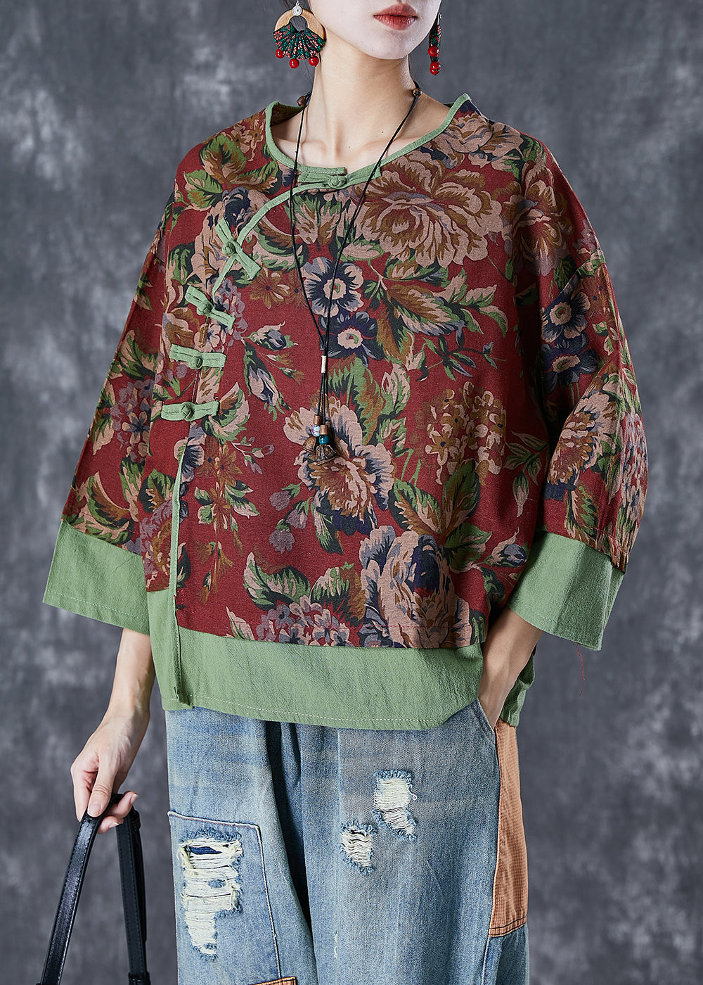 Vintage Red Print Patchwork Chinese Button Linen Fake Two Piece Top Summer TD1052