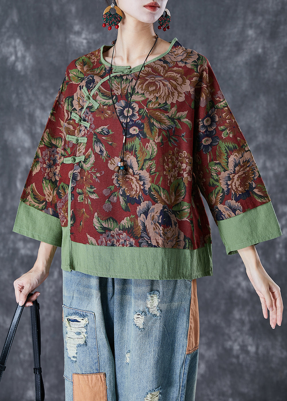 Vintage Red Print Patchwork Chinese Button Linen Fake Two Piece Top Summer TD1052