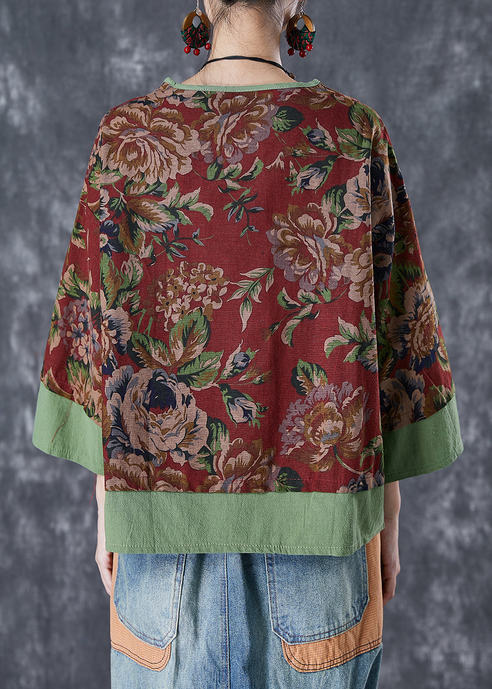 Vintage Red Print Patchwork Chinese Button Linen Fake Two Piece Top Summer TD1052