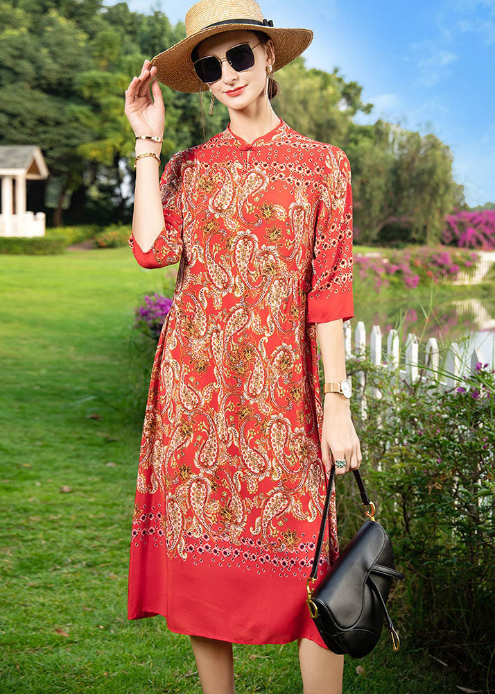 Vintage Red Stand Collar Print Button Patchwork Silk Dress Summer TF1020