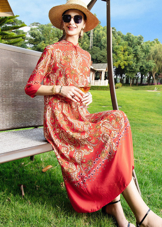 Vintage Red Stand Collar Print Button Patchwork Silk Dress Summer TF1020