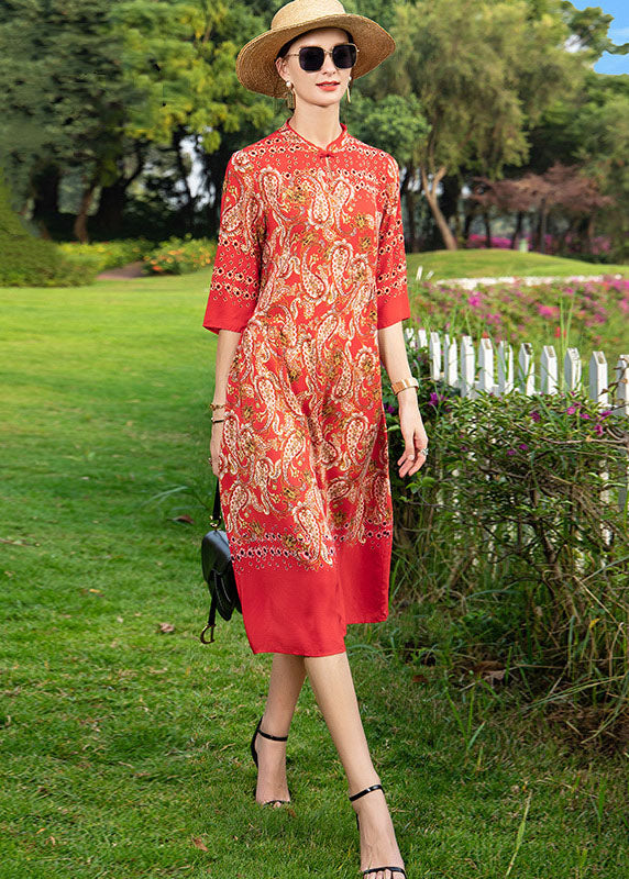 Vintage Red Stand Collar Print Button Patchwork Silk Dress Summer TF1020