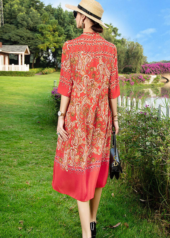 Vintage Red Stand Collar Print Button Patchwork Silk Dress Summer TF1020