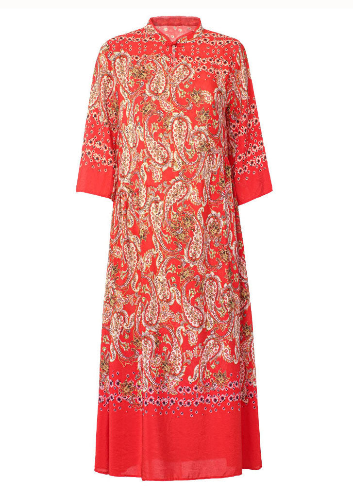 Vintage Red Stand Collar Print Button Patchwork Silk Dress Summer TF1020