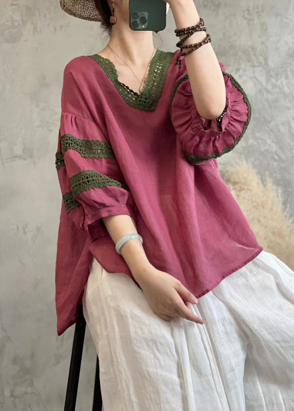 Vintage Rose V Neck Hollow Out Lace Patchwork Linen Tops Lantern Sleeve TQ1047
