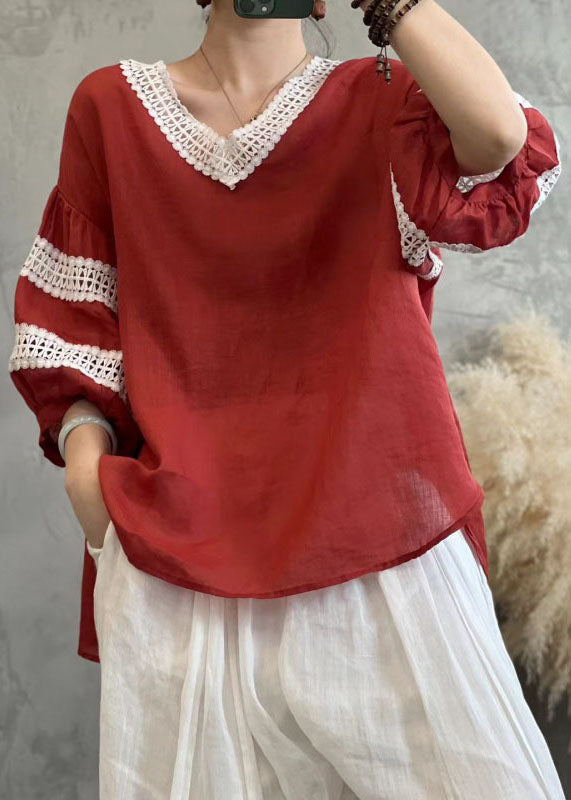 Vintage Rose V Neck Hollow Out Lace Patchwork Linen Tops Lantern Sleeve TQ1047