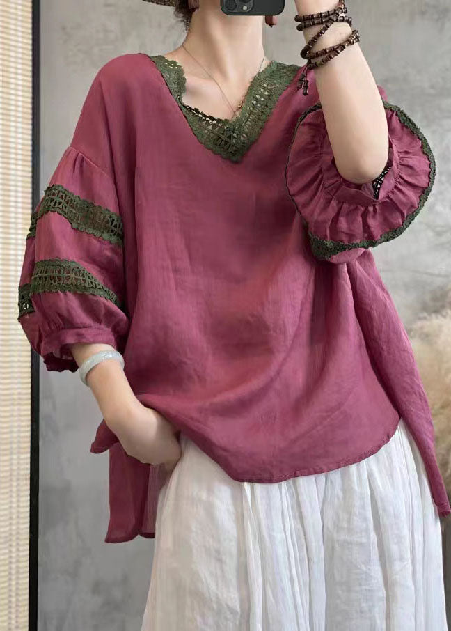 Vintage Rose V Neck Hollow Out Lace Patchwork Linen Tops Lantern Sleeve TQ1047