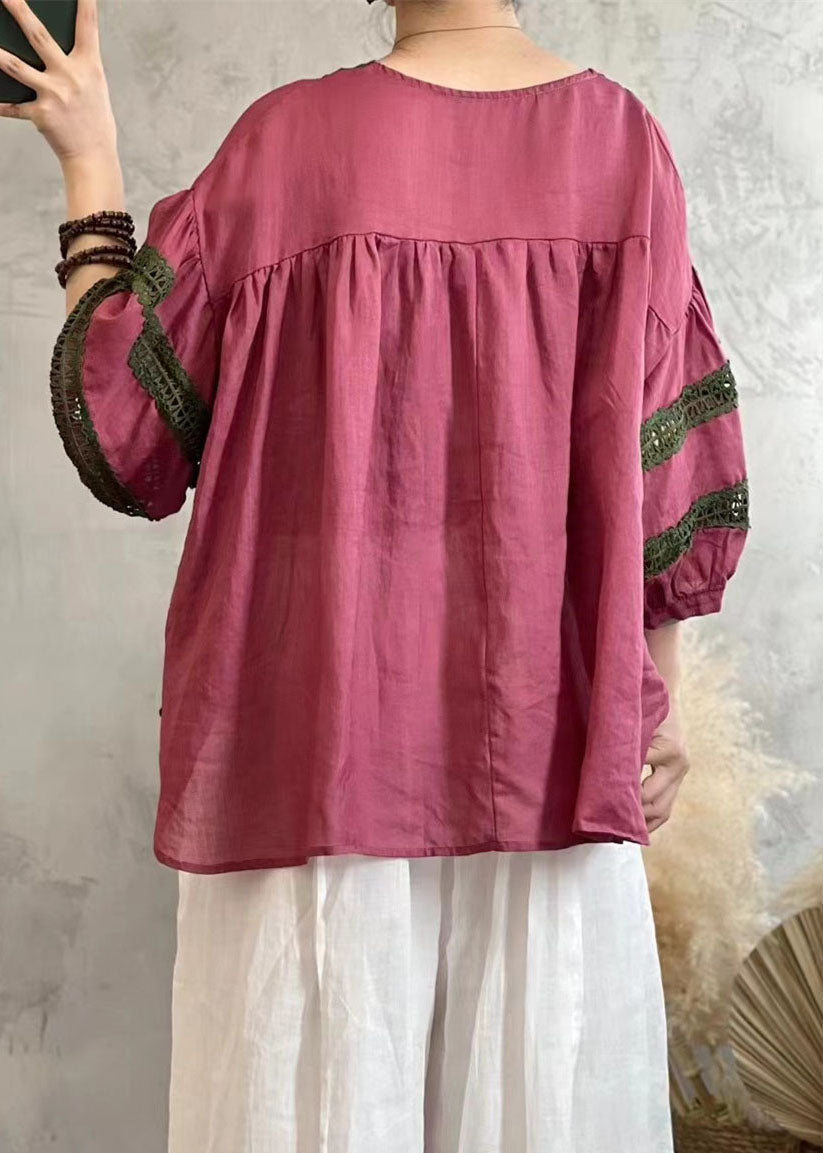Vintage Rose V Neck Hollow Out Lace Patchwork Linen Tops Lantern Sleeve TQ1047