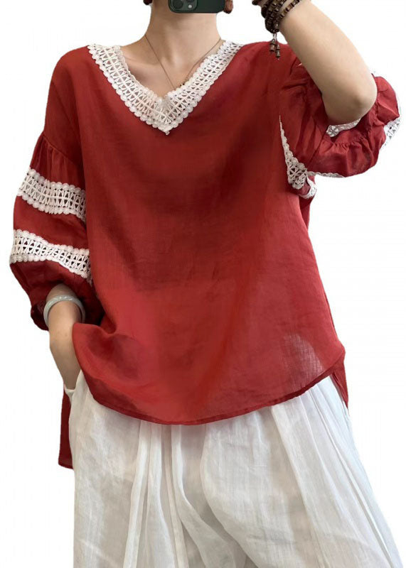 Vintage Rose V Neck Hollow Out Lace Patchwork Linen Tops Lantern Sleeve TQ1047