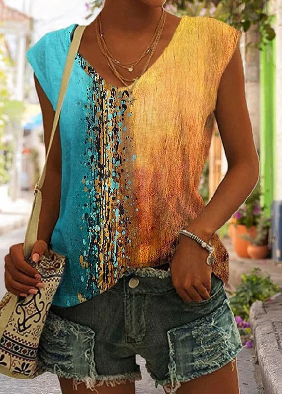 Vintage Rose V Neck Print Solid Tops Sleeveless LY1949