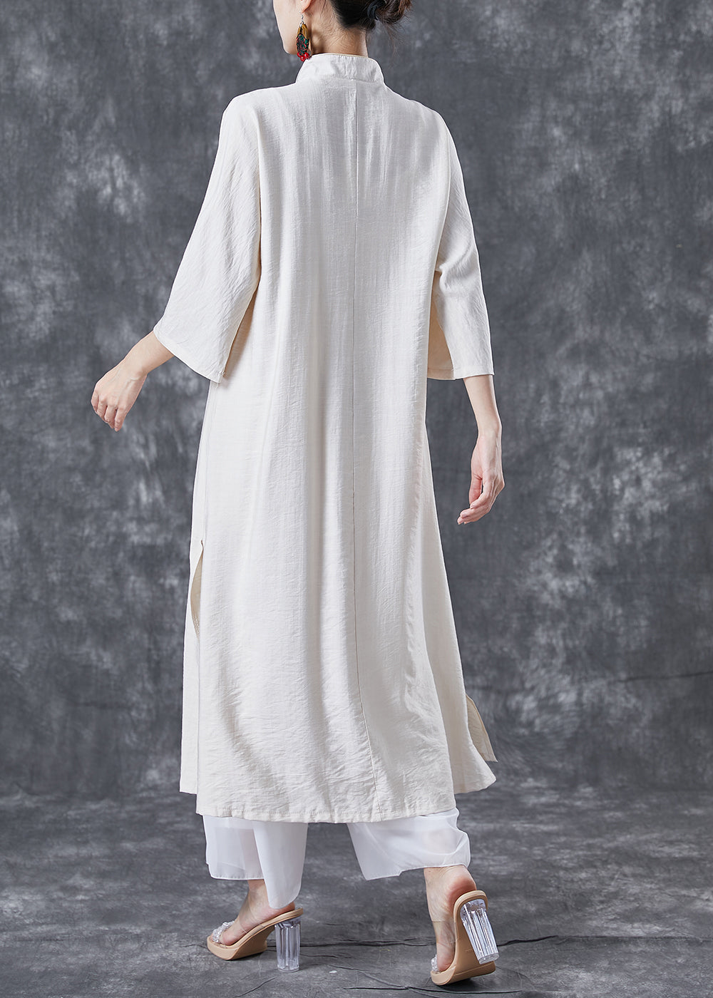 Vintage White Chinese Button Side Open Cotton Trench Bracelet Sleeve TA1023