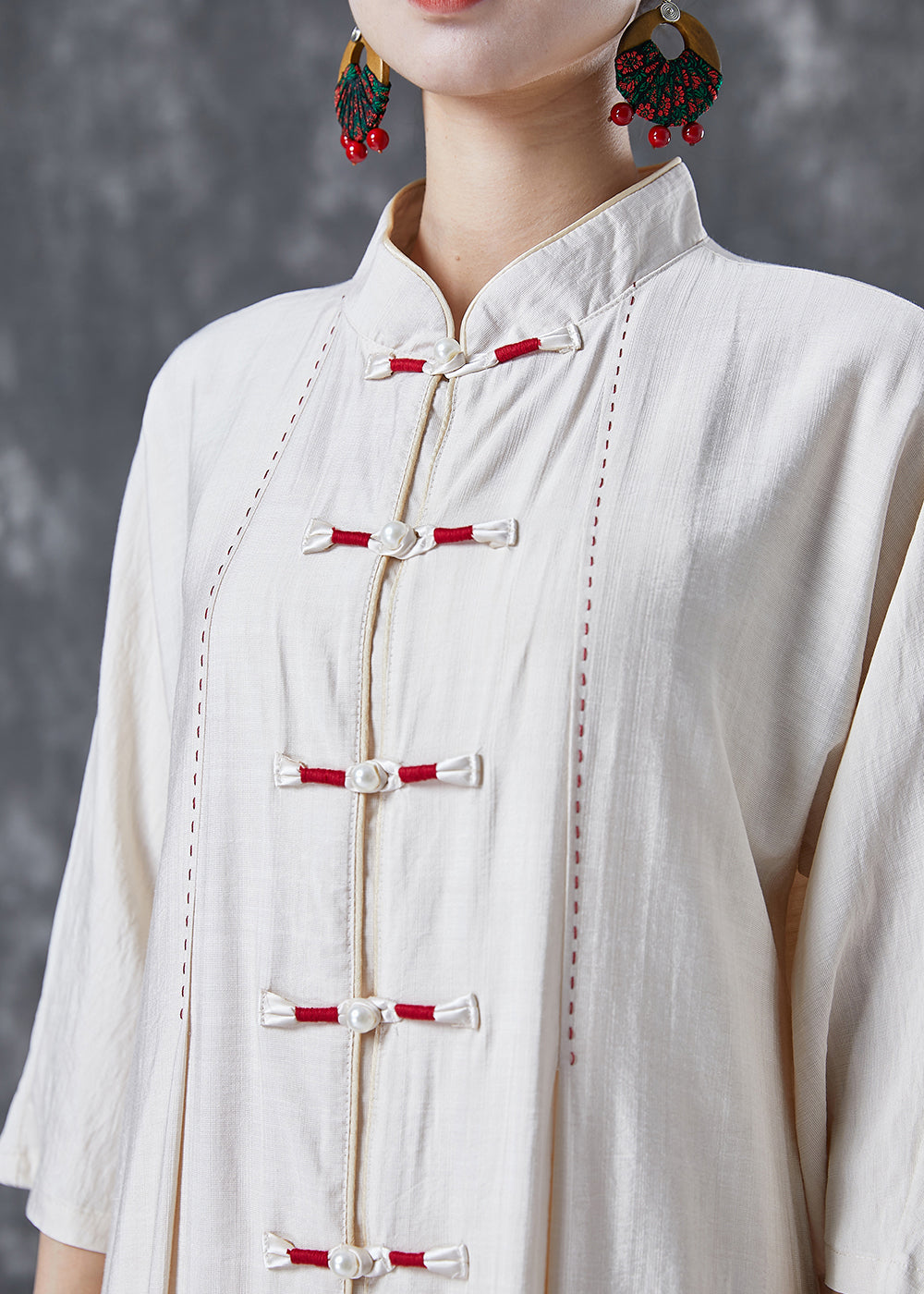 Vintage White Chinese Button Side Open Cotton Trench Bracelet Sleeve TA1023