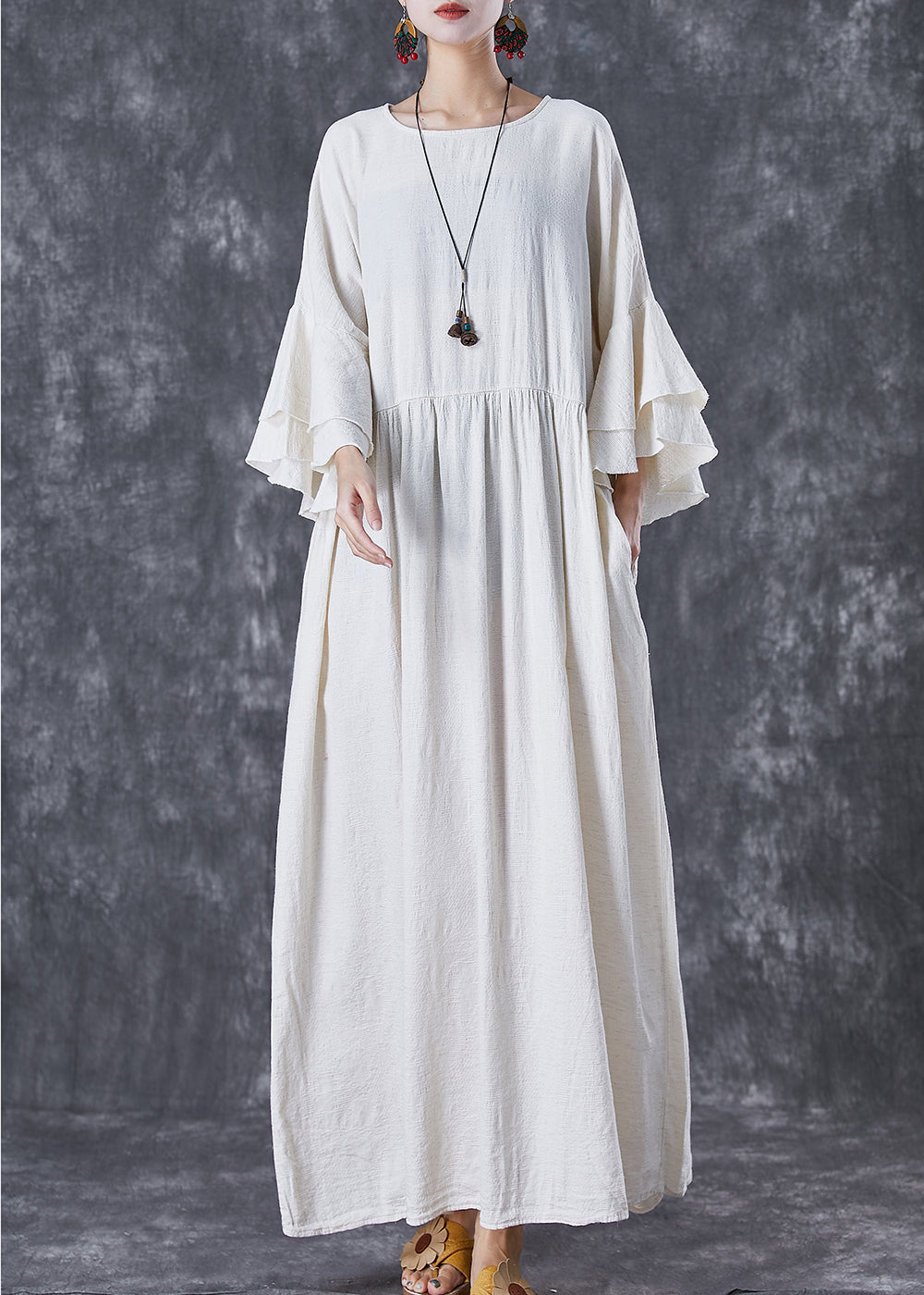 Vintage White Oversized Exra Large Hem Linen Maxi Dresses Flare Sleeve TD1057