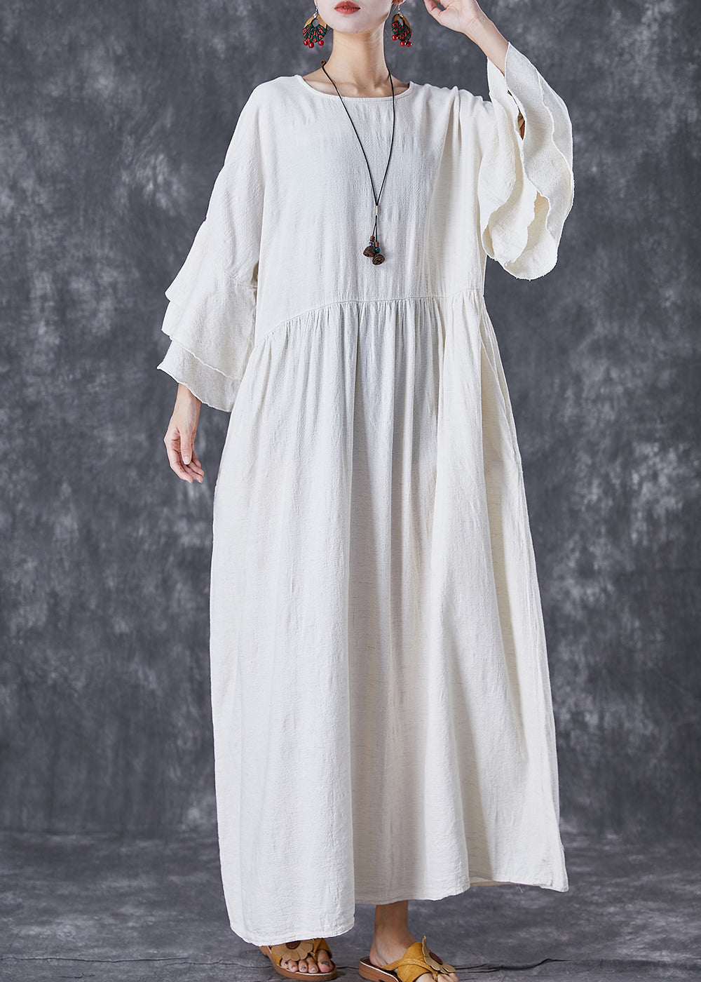 Vintage White Oversized Exra Large Hem Linen Maxi Dresses Flare Sleeve TD1057