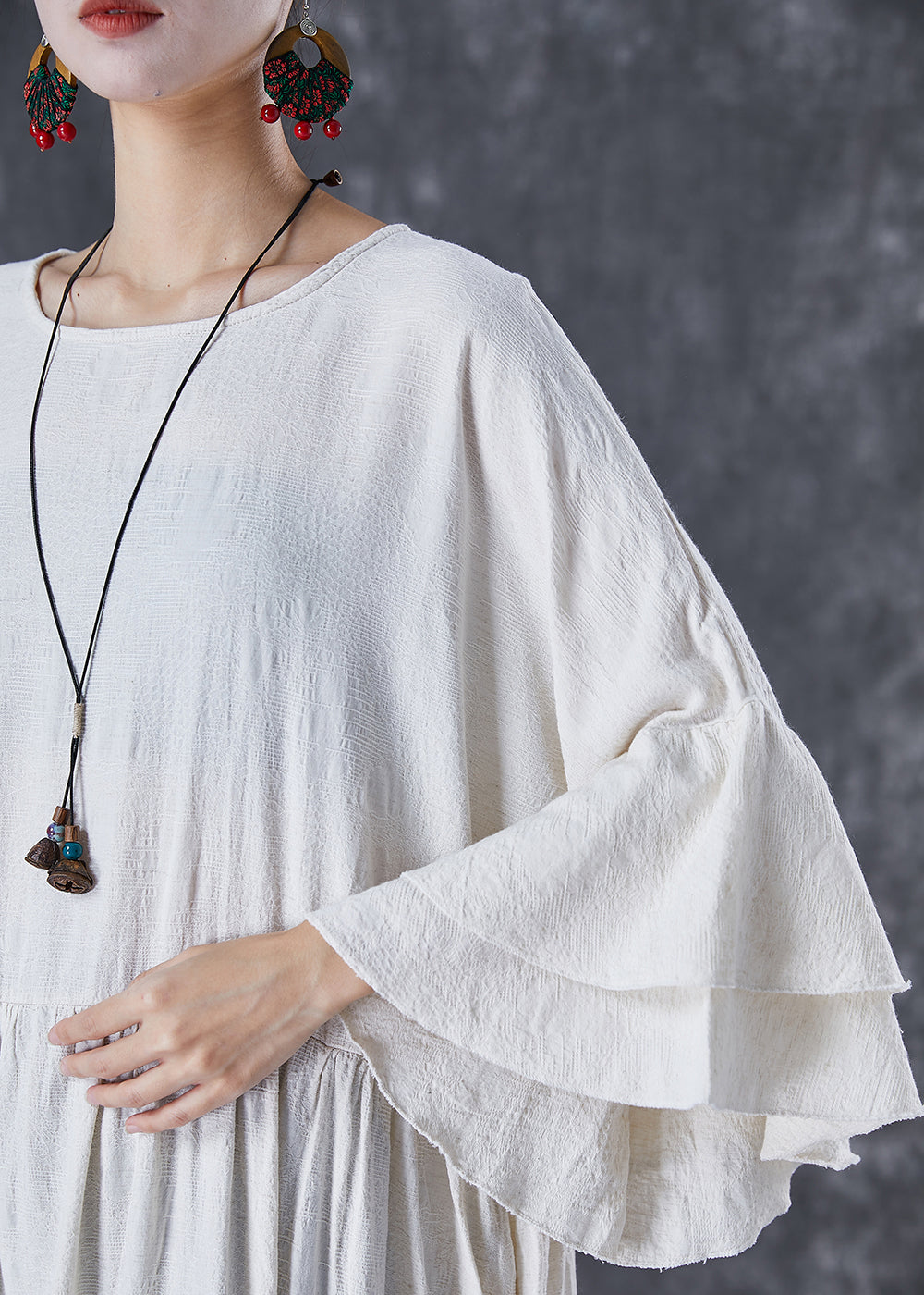 Vintage White Oversized Exra Large Hem Linen Maxi Dresses Flare Sleeve TD1057