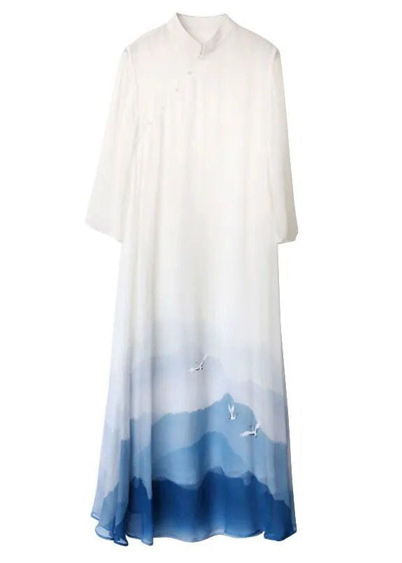 Vintage White Stand Collar Patchwork Print Silk Dress Summer LY1719