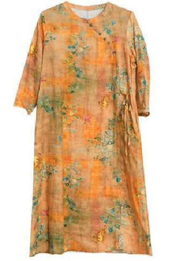 Vintage Yellow O-Neck Print Tie Waist Linen Holiday Dress Spring LY0918
