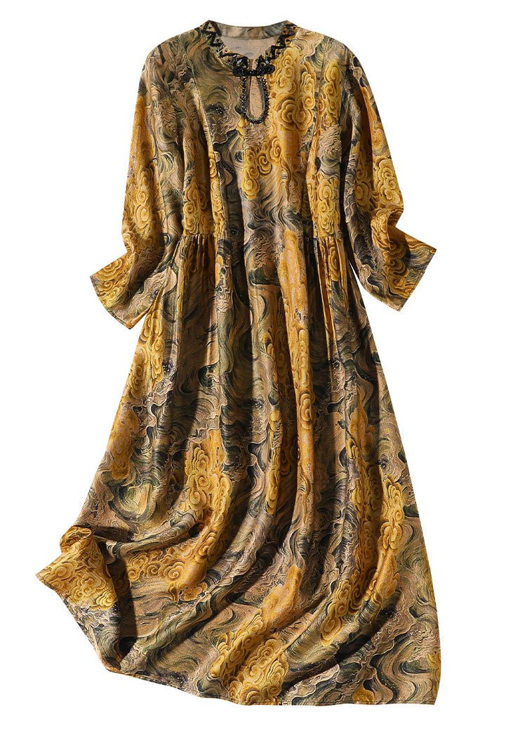 Vintage Yellow Stand Collar Print Button Silk Maxi Dress Summer LY1025