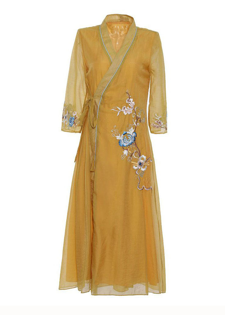 Vintage Yellow V Neck Embroideried Patchwork Silk Dress Summer LY1669