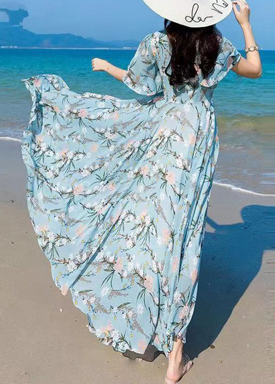 Vogue Blue V Neck Print Chiffon Maxi Beach Dresses Summer LY1727