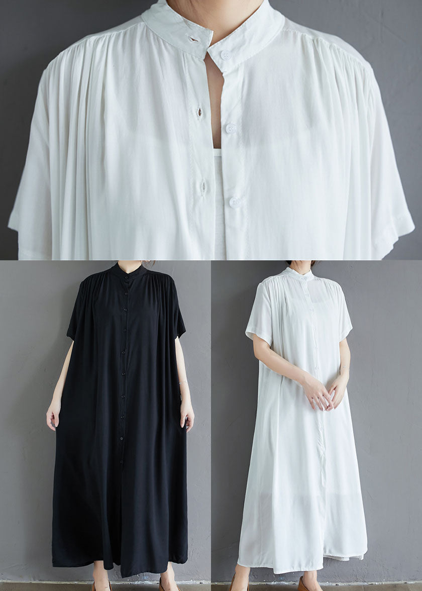 White Draping Cotton Holiday Dress Stand Collar Oversized Summer LY1538