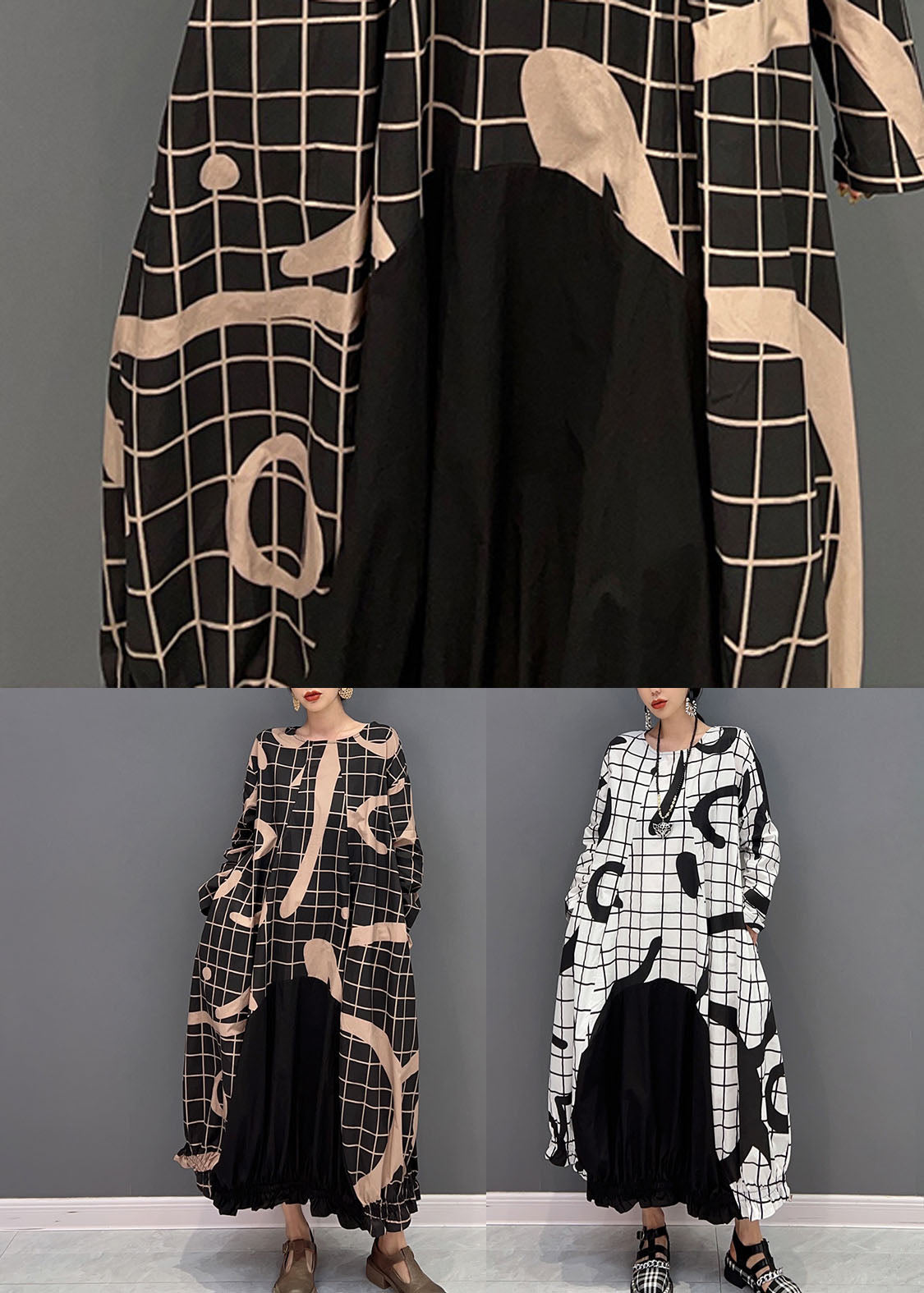 White Letter Print Cotton Ankle Dress O-Neck Wrinkled Spring LY1662