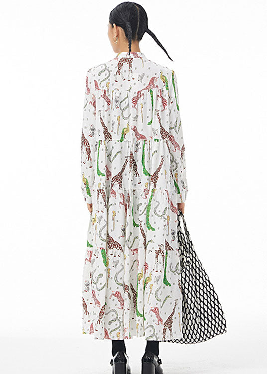 White Print Patchwork Cotton Shirts Dress Stand Collar Wrinkled Spring LY1165
