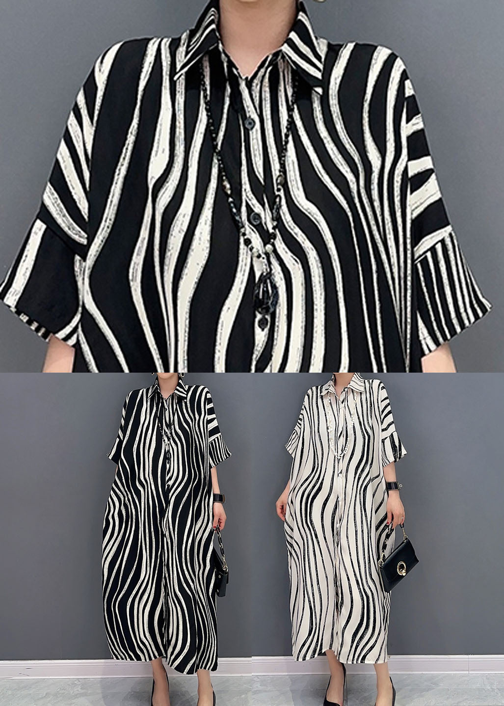 White Zebra Pattern Maxi Dress Oversized Turn-down Collar Summer LY1589